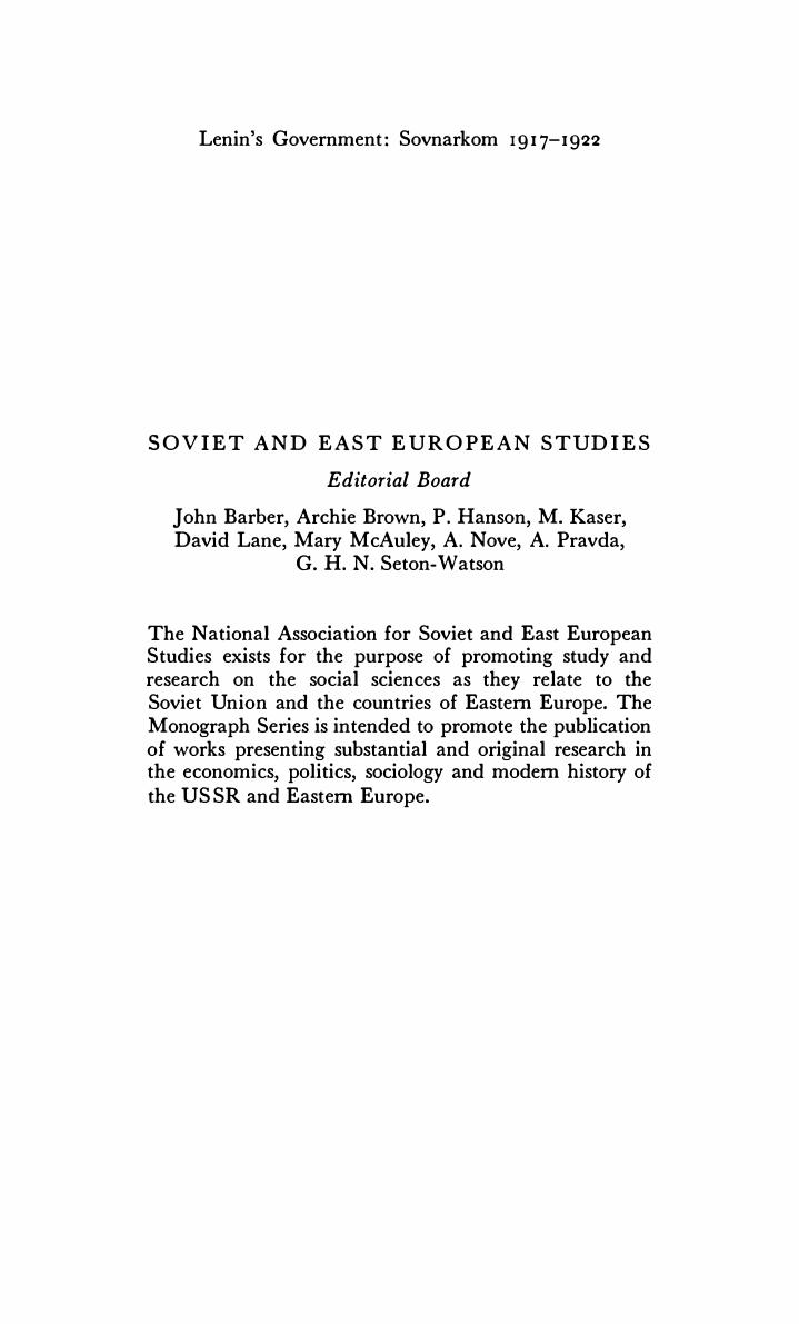 Lenin's Government: Sovnarkom 1917-1922 by T. H. Rigby