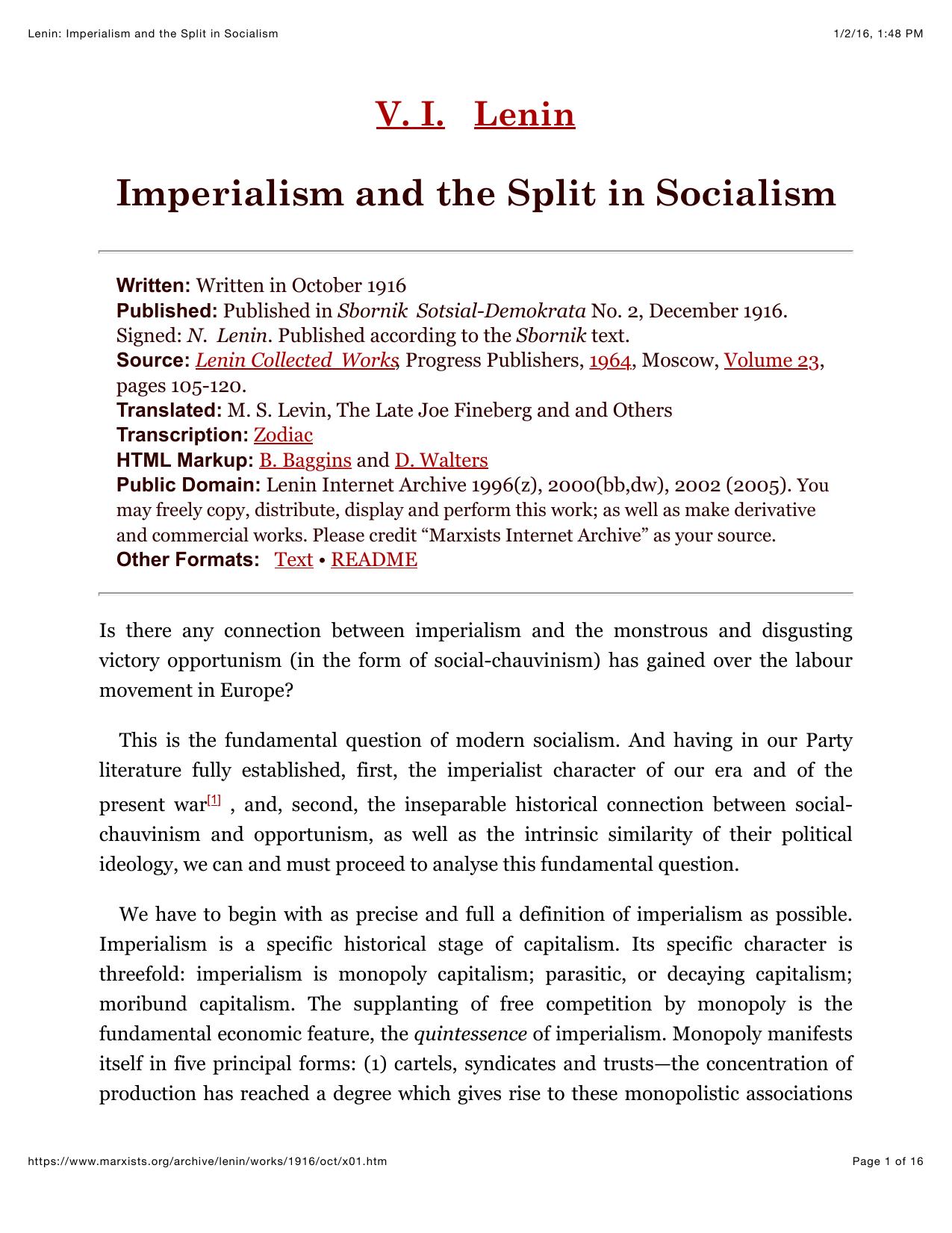 Lenin: Imperialism and the Split in Socialism by Imperialism & the Split in Socialism