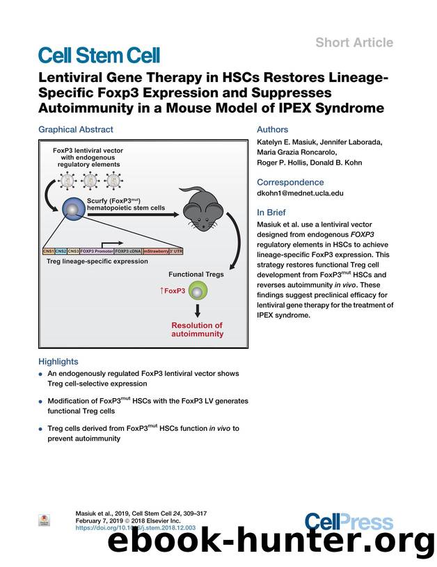 Lentiviral Gene Therapy in HSCs Restores Lineage-Specific Foxp3 Expression and Suppresses Autoimmunity in a Mouse Model of IPEX Syndrome by Katelyn E. Masiuk & Jennifer Laborada & Maria Grazia Roncarolo & Roger P. Hollis & Donald B. Kohn