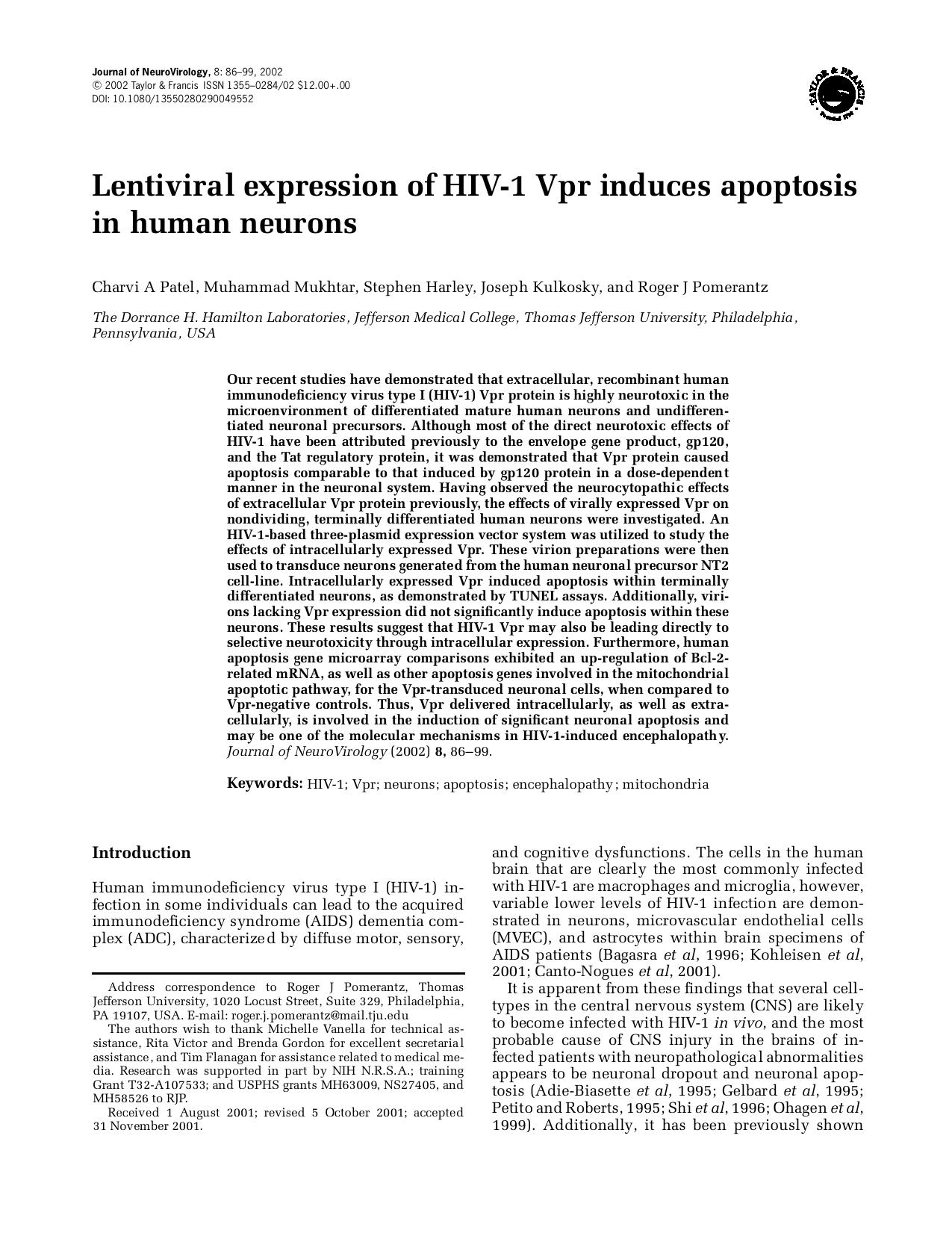 Lentiviral expression of HIV-1 Vpr induces apoptosis in human neurons by Unknown