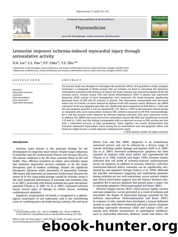 Leonurine improves ischemia-induced myocardial injury through antioxidative activity by X.H. Liu; L.L. Pan; P.F. Chen; Y.Z. Zhu