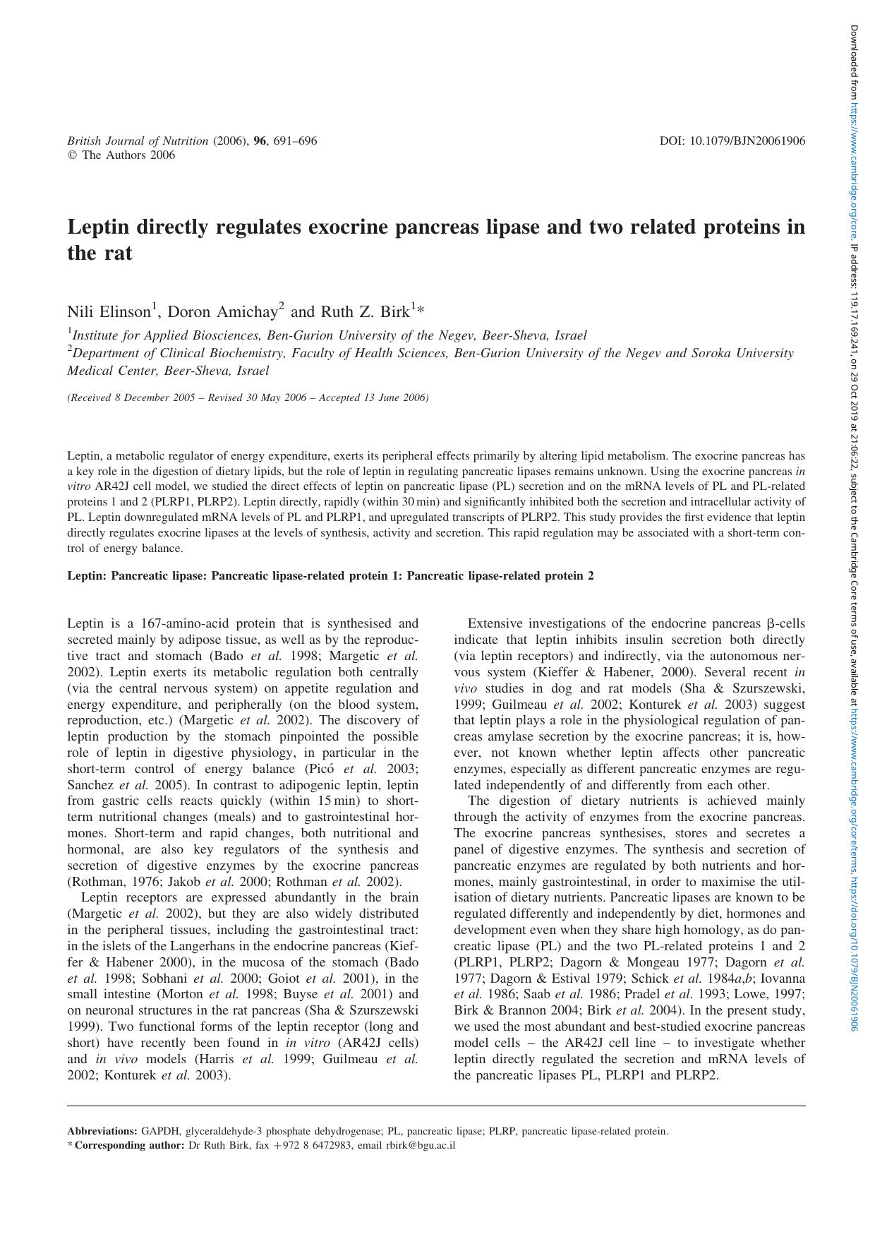 Leptin directly regulates exocrine pancreas lipase and two related proteins in the rat by Nili Elinson Doron Amichay Ruth Z. Birk