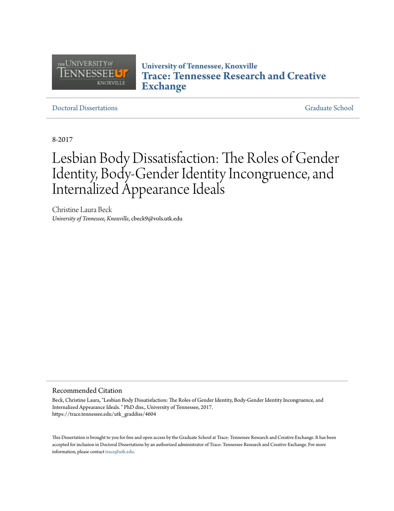 Lesbian Body Dissatisfaction: The Roles of Gender Identity, Body-Gender Identity Incongruence, and Internalized Appearance Ideals by Christine Laura Beck