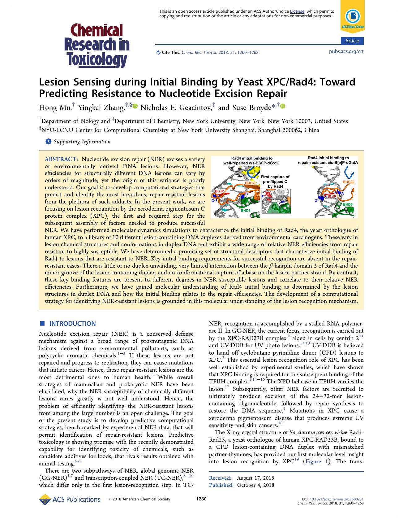 Lesion Sensing during Initial Binding by Yeast XPCRad4: Toward Predicting Resistance to Nucleotide Excision Repair by Hong Mu Yingkai Zhang Nicholas E. Geacintov and Suse Broyde