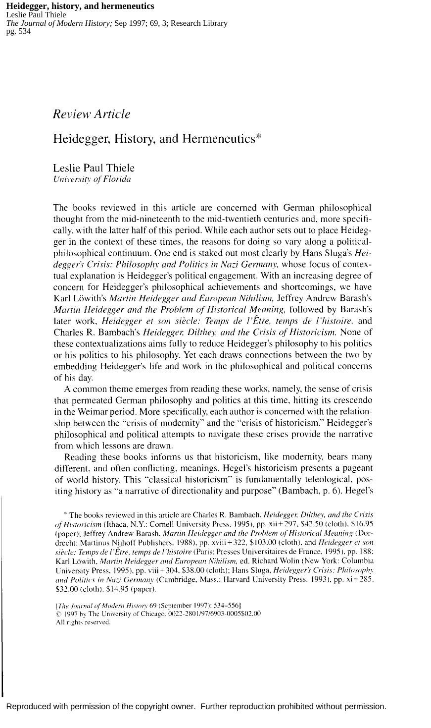 Leslie Paul Thiele by Review Article; Heidegger history & hermeneutics
