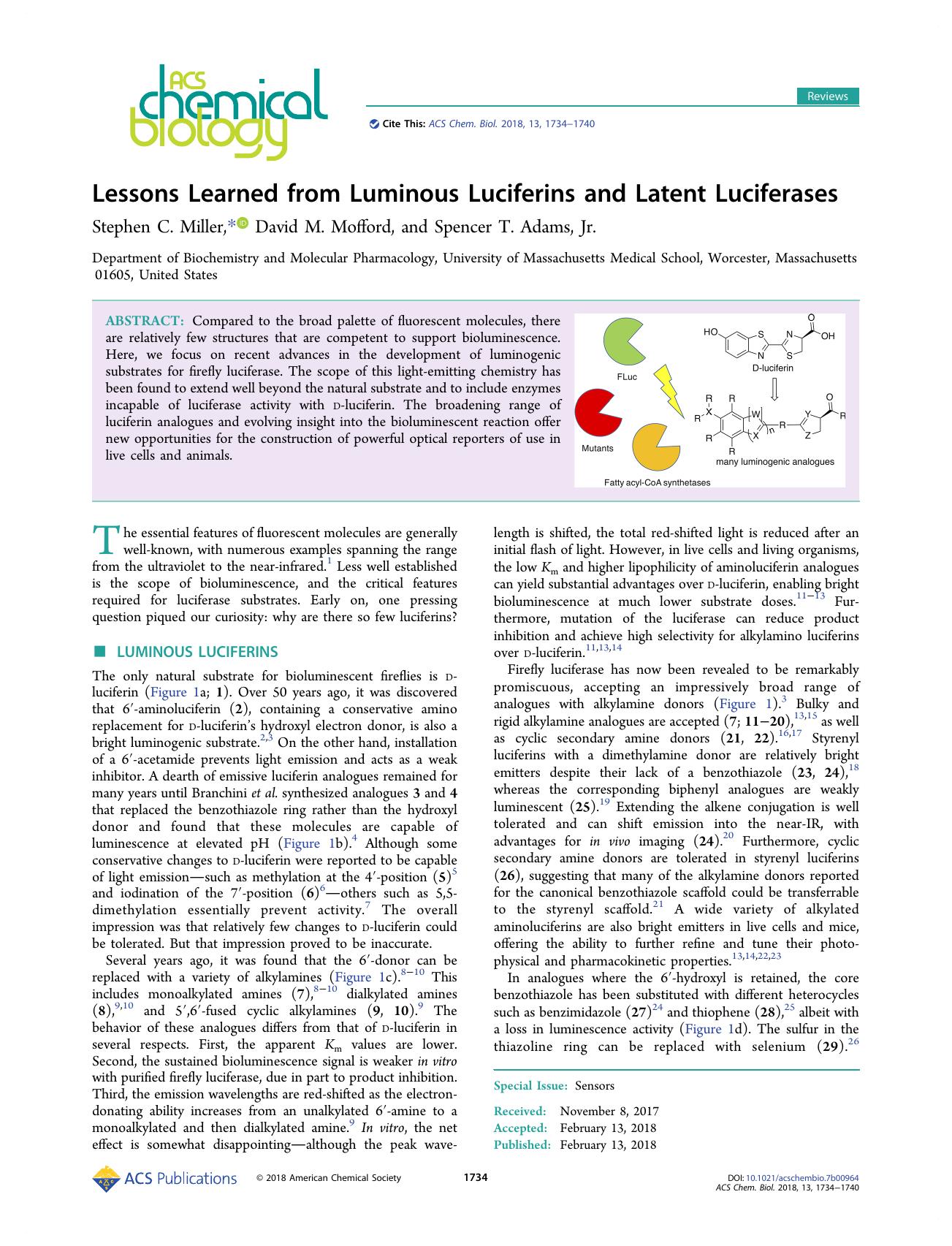 Lessons Learned from Luminous Luciferins and Latent Luciferases by Stephen C. Miller David M. Mofford and Spencer T. Adams