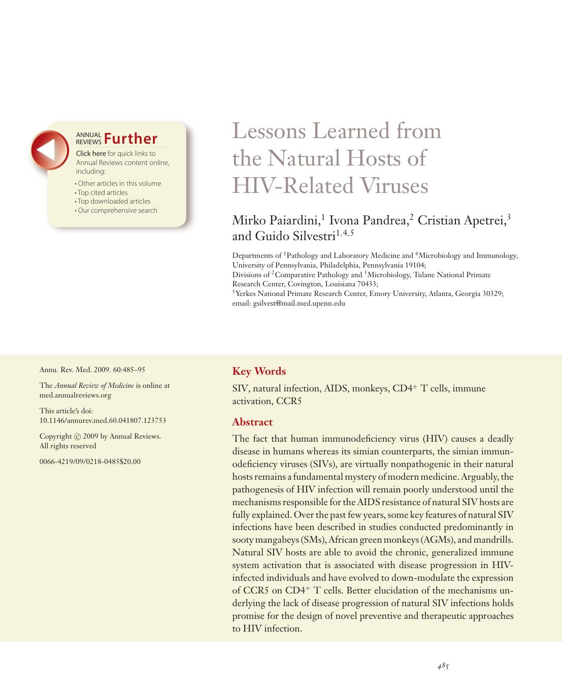 Lessons Learned from the Natural Hosts of HIV-Related Viruses by Mirko Paiardini 1 Ivona Pandrea 2 Cristian Apetrei 3 and Guido Silvestri 1 4 5