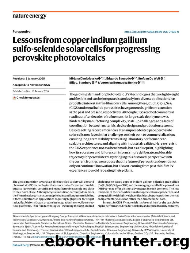 Lessons from copper indium gallium sulfo-selenide solar cells for progressing perovskite photovoltaics by Mirjana Dimitrievska & Edgardo Saucedo & Stefaan Wolf & Billy J. Stanbery & Veronica Bermudez Benito