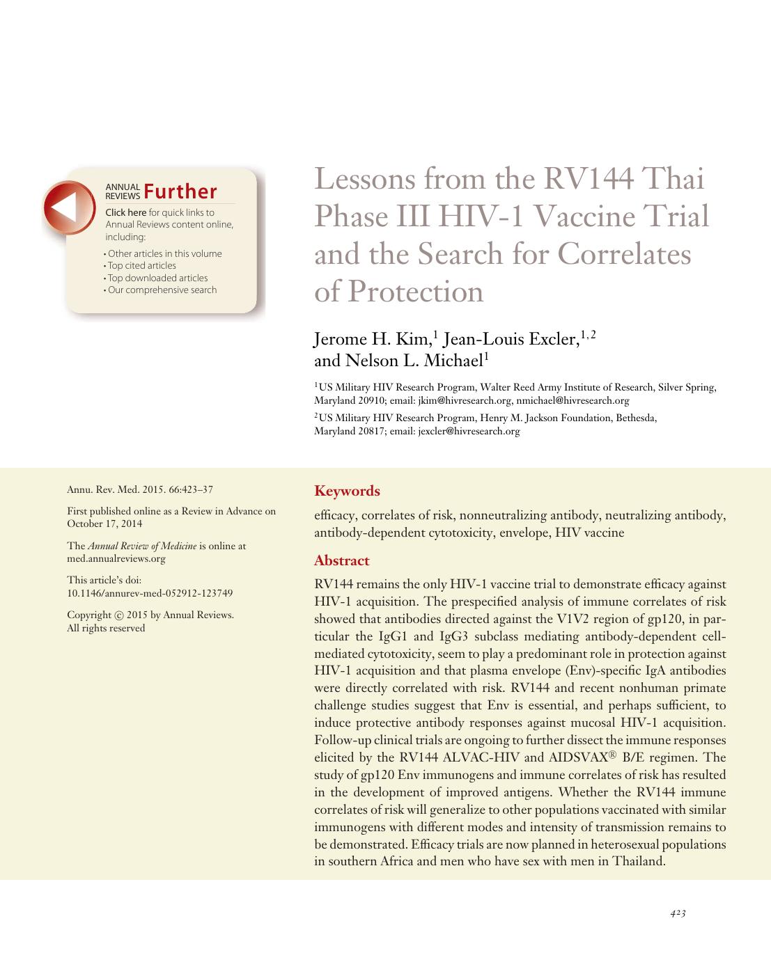 Lessons from the RV144 Thai Phase III HIV-1 Vaccine Trial and the Search for Correlates of Protection by Jerome H. Kim Jean-Louis Excler Nelson L. Michael