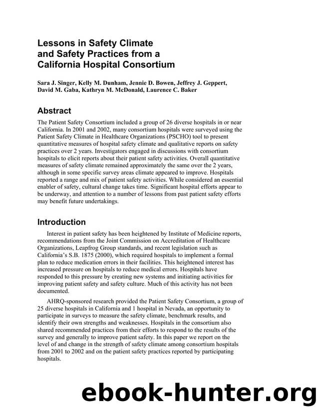 Lessons in Safety Climate and Safety Practices from a California Hospital Consortium by Unknown