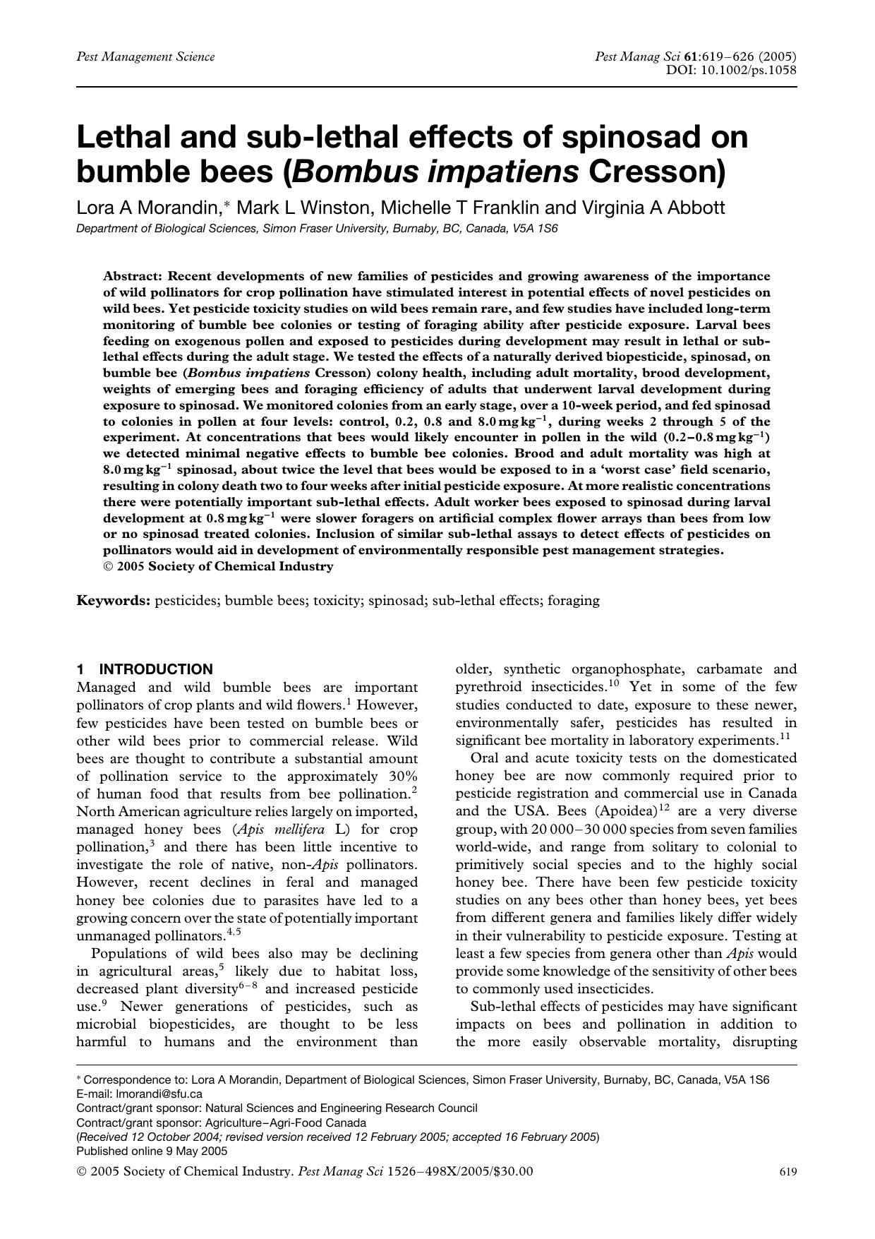 Lethal and sub-lethal effects of spinosad on bumble bees (Bombus impatiens Cresson) by Unknown