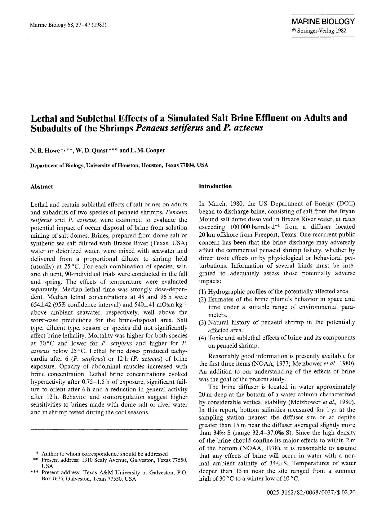 Lethal and sublethal effects of a simulated salt brine effluent on adults and subadults of the shrimps <Emphasis Type="Italic">Penaeus setiferus<Emphasis> and <Emphasis Type="Itali by Unknown