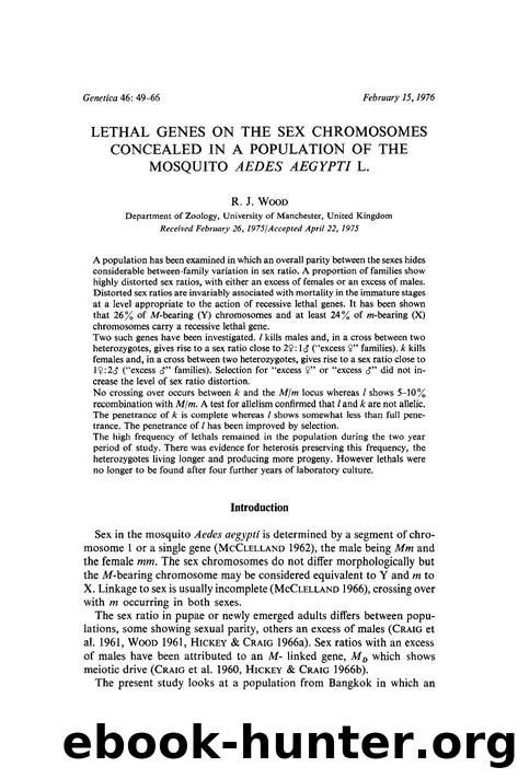 Lethal genes on the sex chromosomes concealed in a population of the mosquito  <Emphasis Type="Italic">Aedes aegypti <Emphasis> L. by Unknown