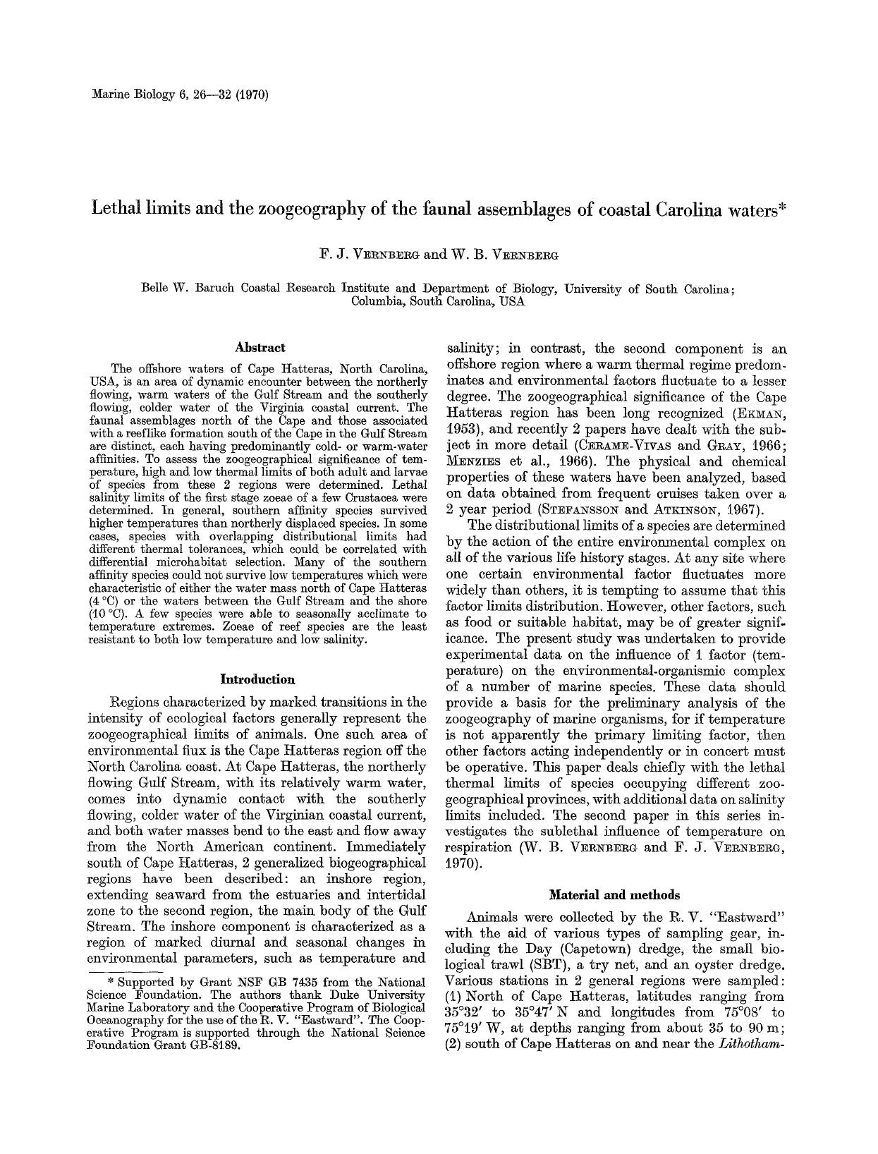 Lethal limits and the zoogeography of the faunal assemblages of Coastal Carolina waters by Unknown