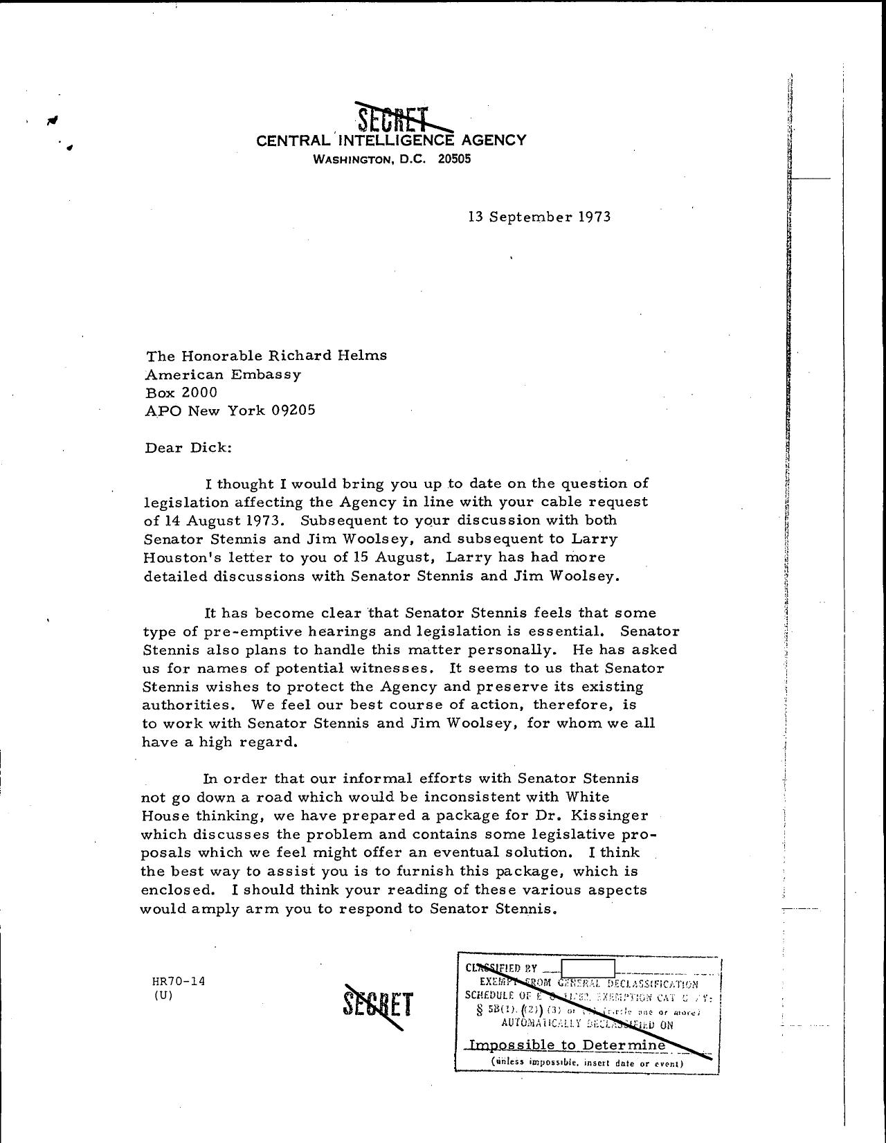 Letter for Colby to Helms re Legislation and Memo for Kissinger ... by Unknown