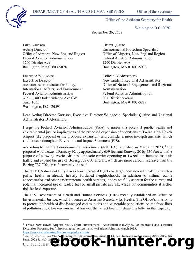 Letter from HHSOASH about Tweed-New Haven Airport by Sarvana Adam (HHS/OASH)