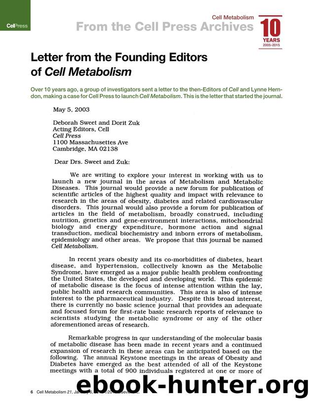 Letter from the Founding Editors of Cell Metabolism by Unknown