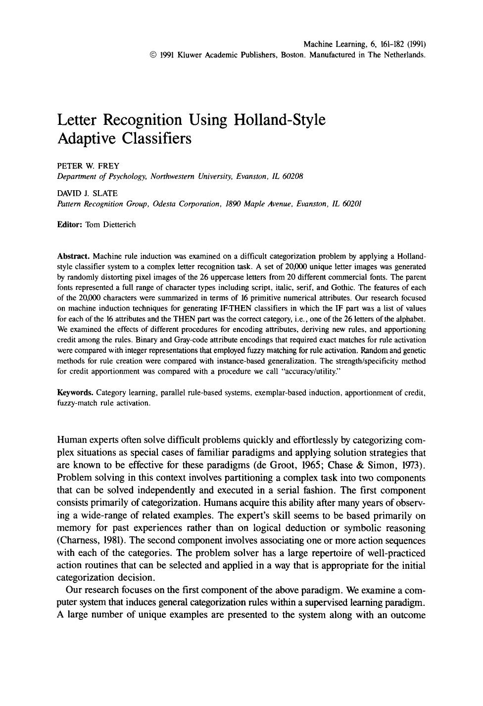 Letter recognition using Holland-style adaptive classifiers by Letter recognition using Holland-style adaptive classifiers