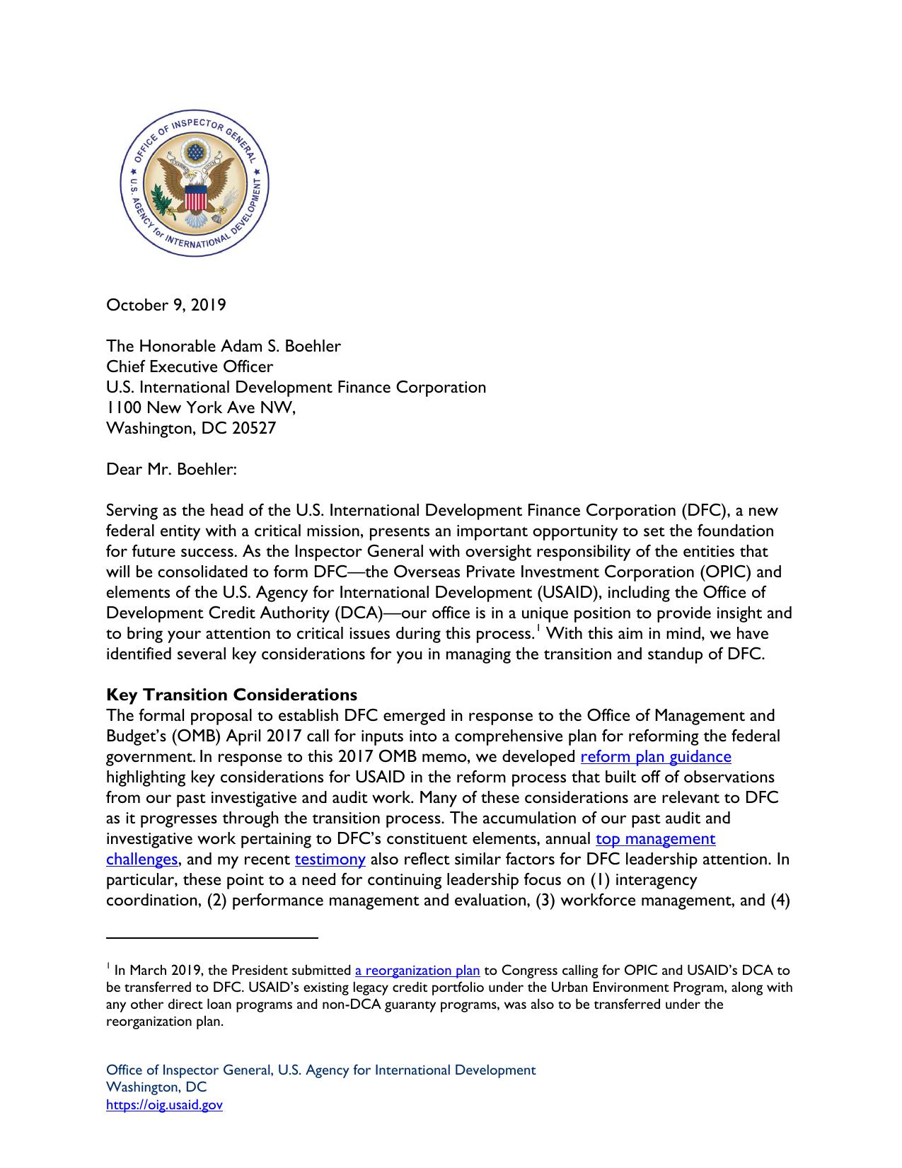 Letter to U.S. International Development Finance Corporation CEO Adam Boehler Regarding Key Considerations on the Transition and Standup of the USDFC by Park Esther (IG/A/PPA)