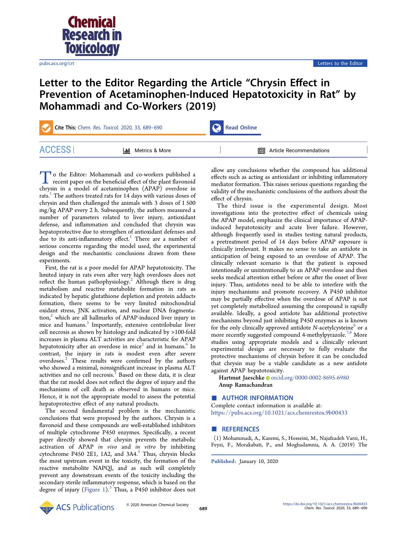 Letter to the Editor Regarding the Article âChrysin Effect in Prevention of Acetaminophen-Induced Hepatotoxicity in Ratâ by Mohammadi and Co-Workers (2019) by Hartmut Jaeschke and Anup Ramachandran