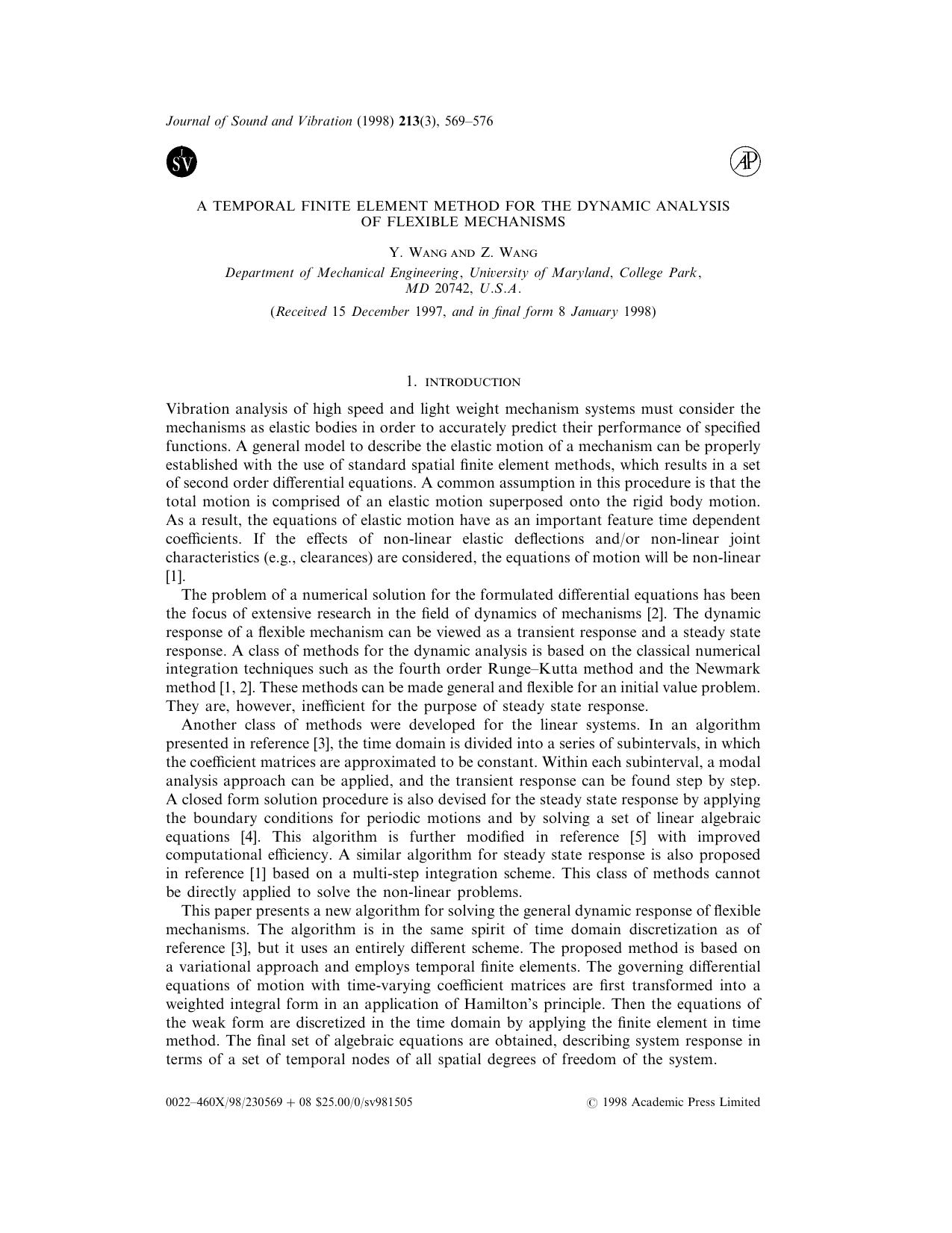 Letter to the Editor: A Temporal Finite Element Method for the Dynamic Analysis of Flexible Mechanisms by Wang Y. & Wang Z
