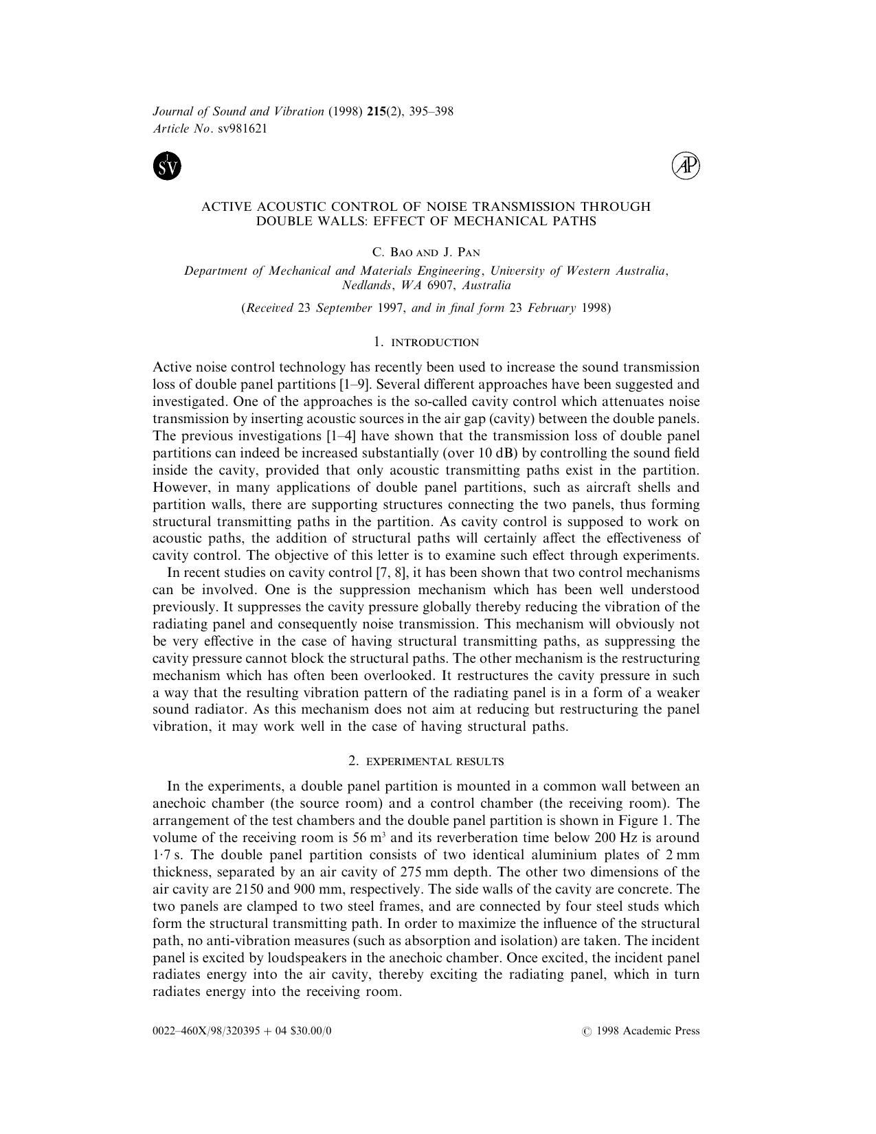 Letter to the Editor: Active Acoustic Control of Noise Transmission Through Double Walls: Effect of Mechanical Paths by Bao C. & Pan J