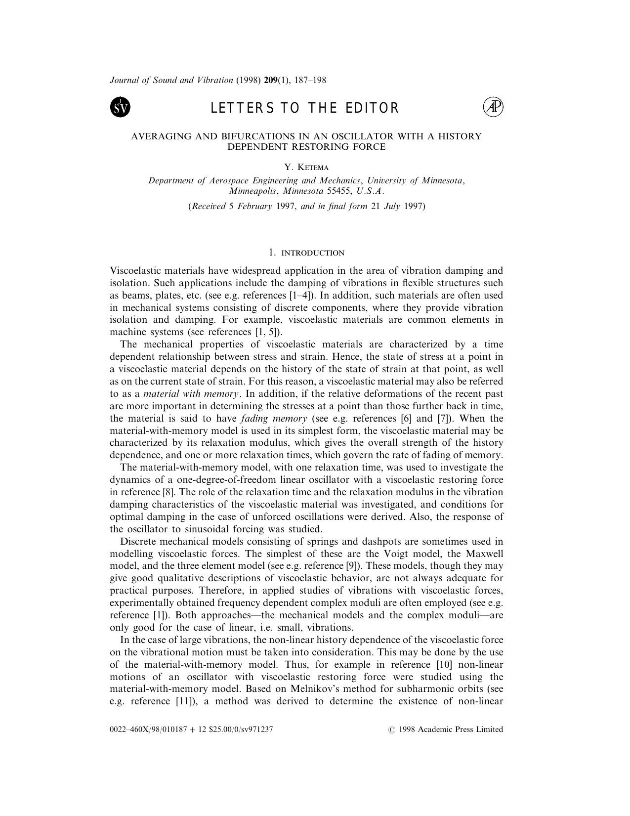 Letter to the Editor: Averaging and Bifurcations in an Oscillator with a History Dependent Restoring Force by Ketema Y