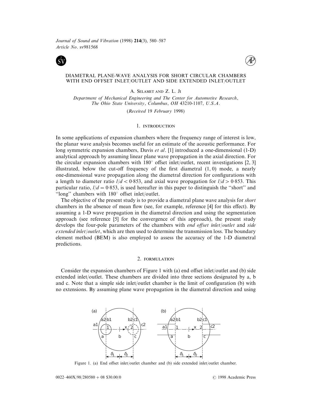 Letter to the Editor: Diametral Plane-Wave Analysis for Short Circular Chambers with End Offset InletOutlet and side Extended InletOutlet by Selamet A. & Ji Z. L