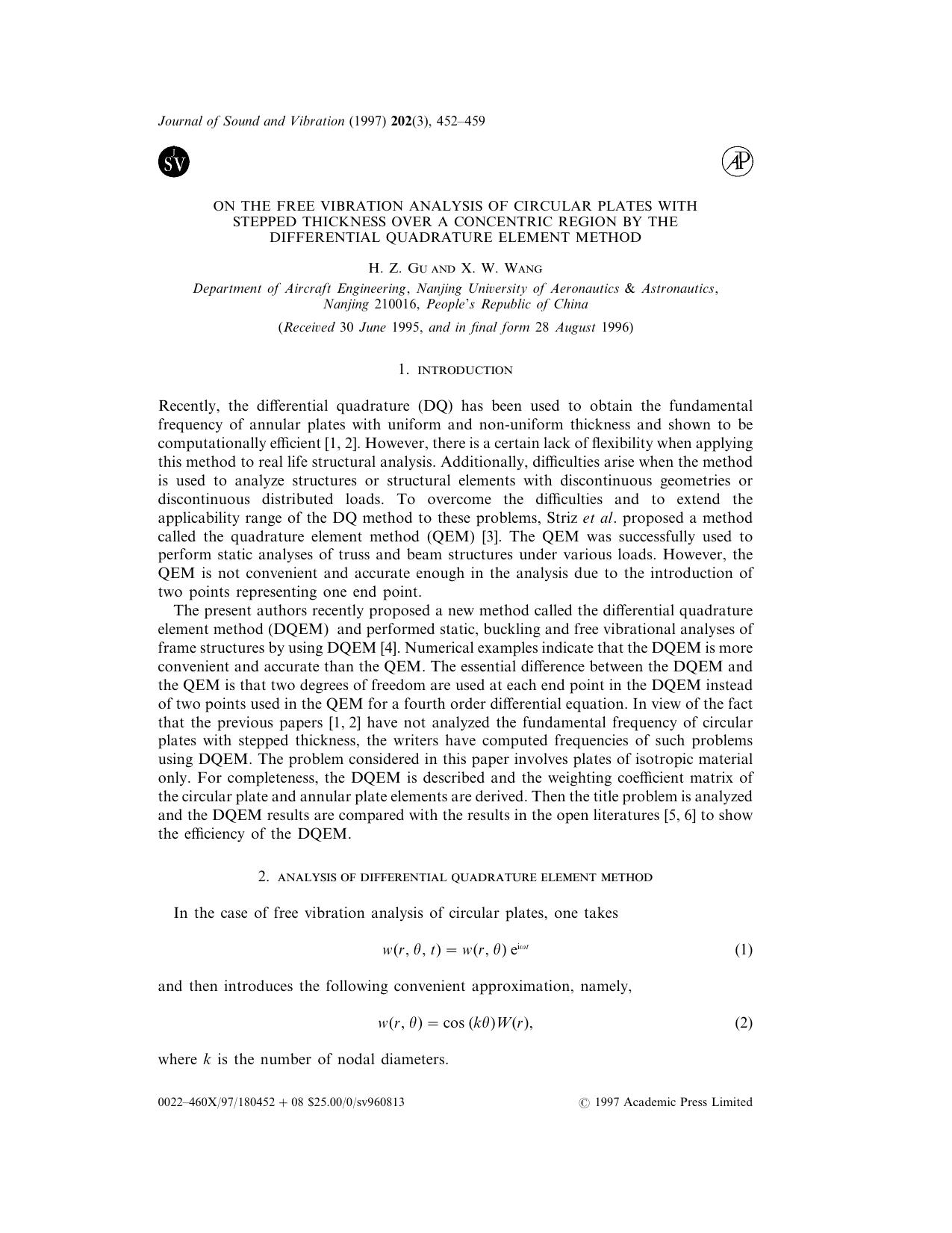 Letter to the Editor: On the Free Vibration Analysis of Circular Plates with Stepped Thickness over a Concentric Region by the Differential Quadrature Element Method by Gu H. Z. & Wang X. W