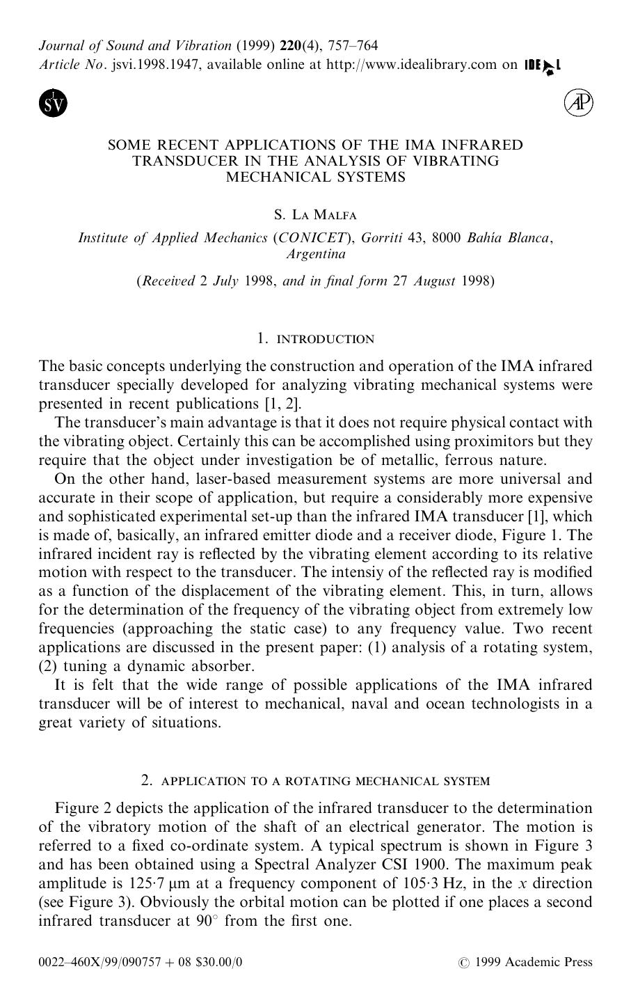 Letter to the Editor: Some Recent Applications of the IMA Infrared Transducer in the Analysis of Vibrating Mechanical Systems by La Malfa S