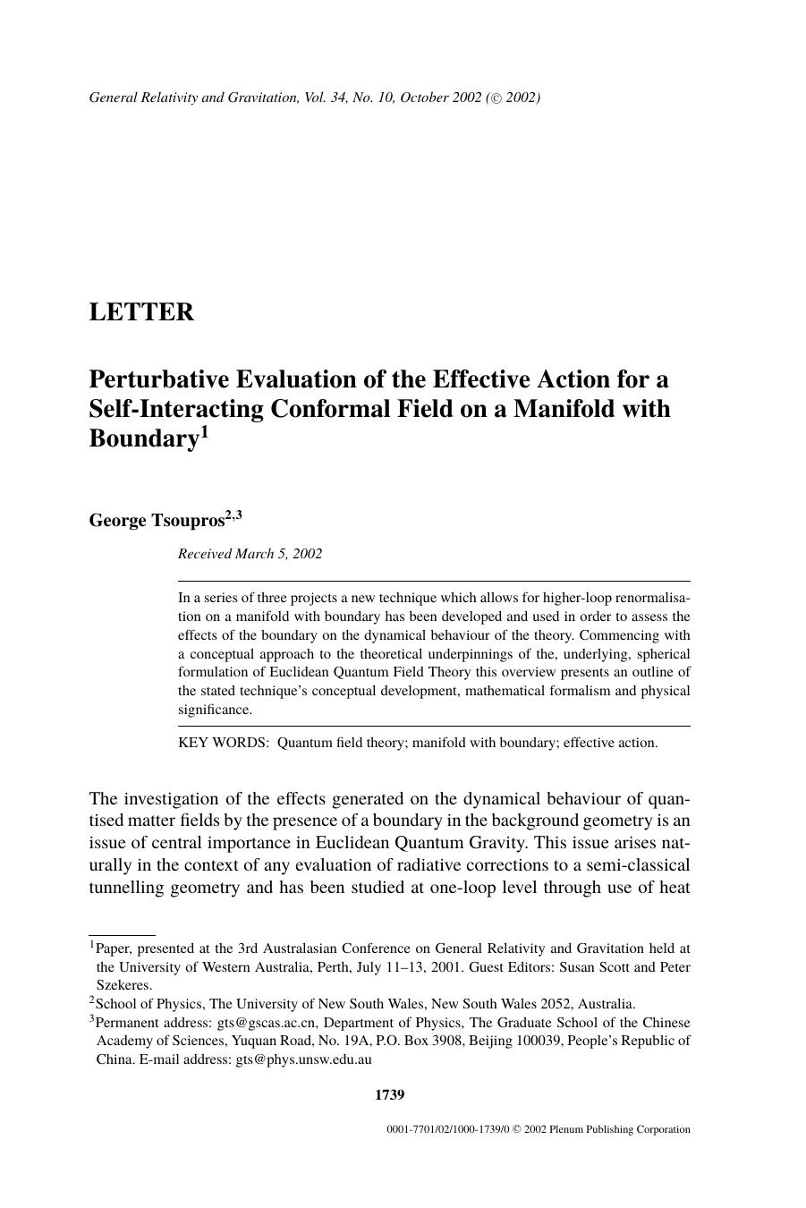 Letter: Perturbative Evaluation of the Effective Action for a Self-Interacting Conformal Field on a Manifold with Boundary by Unknown