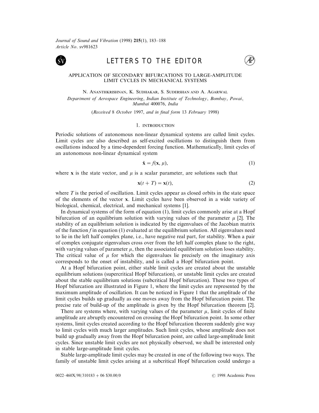 Letters to the Editor: Application of Secondary Bifurcations to Large-Amplitude Limit Cycles in Mechanical Systems by Ananthkrishnan N. et al