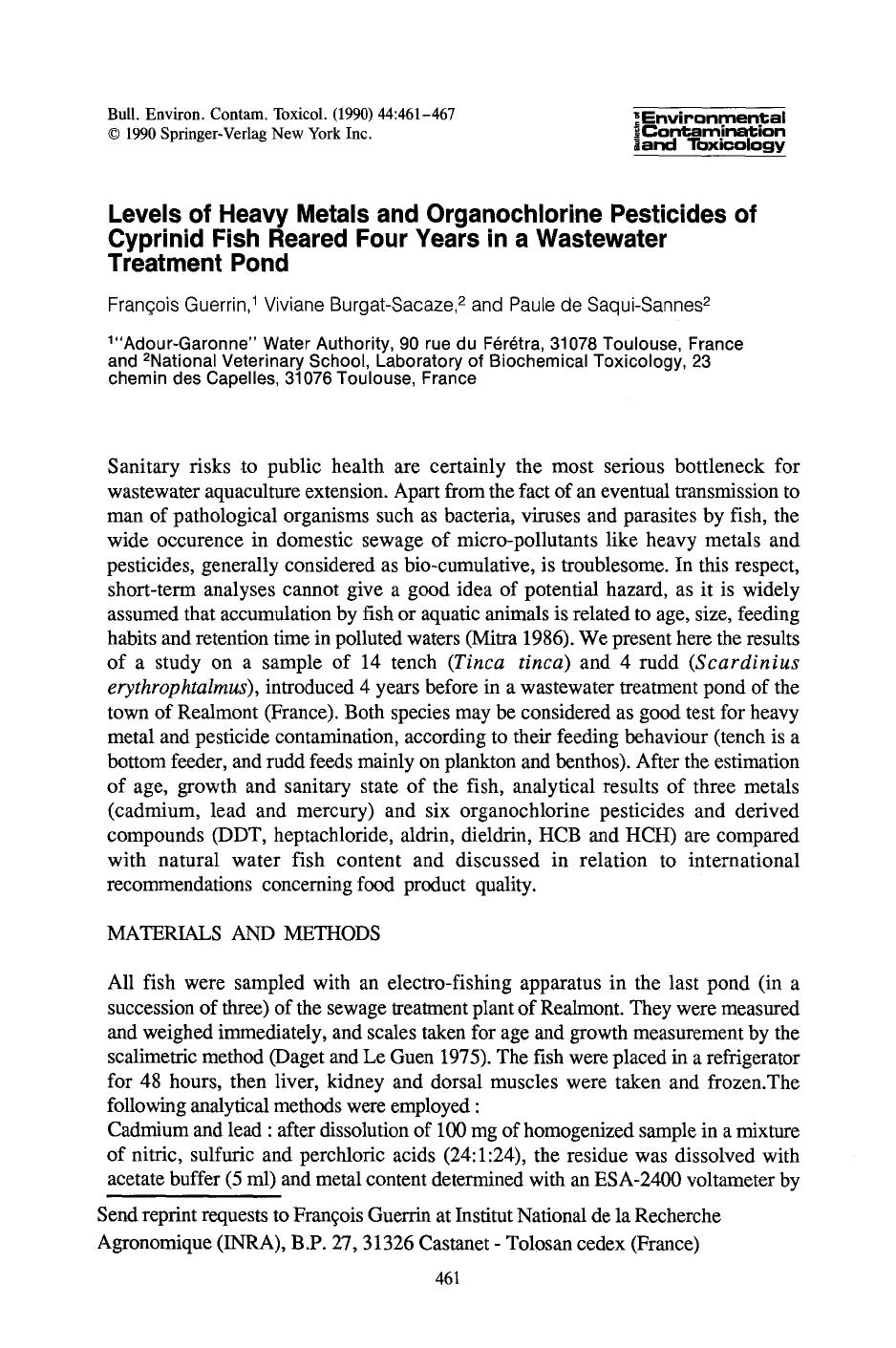Levejs of heavy metals and organochlorine pesticides of cyprinid fish reared four years in a wastewater treatment pond by Unknown