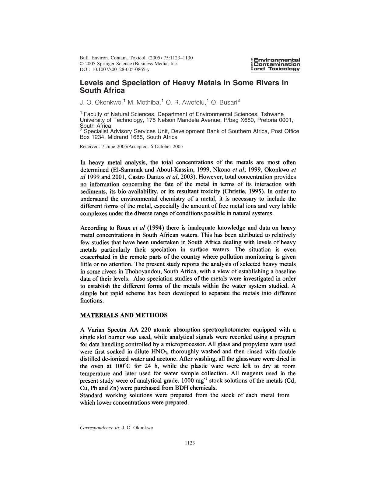 Levels and Speciation of Heavy Metals in Some Rivers in South Africa by Okonkwo & J. O. et al