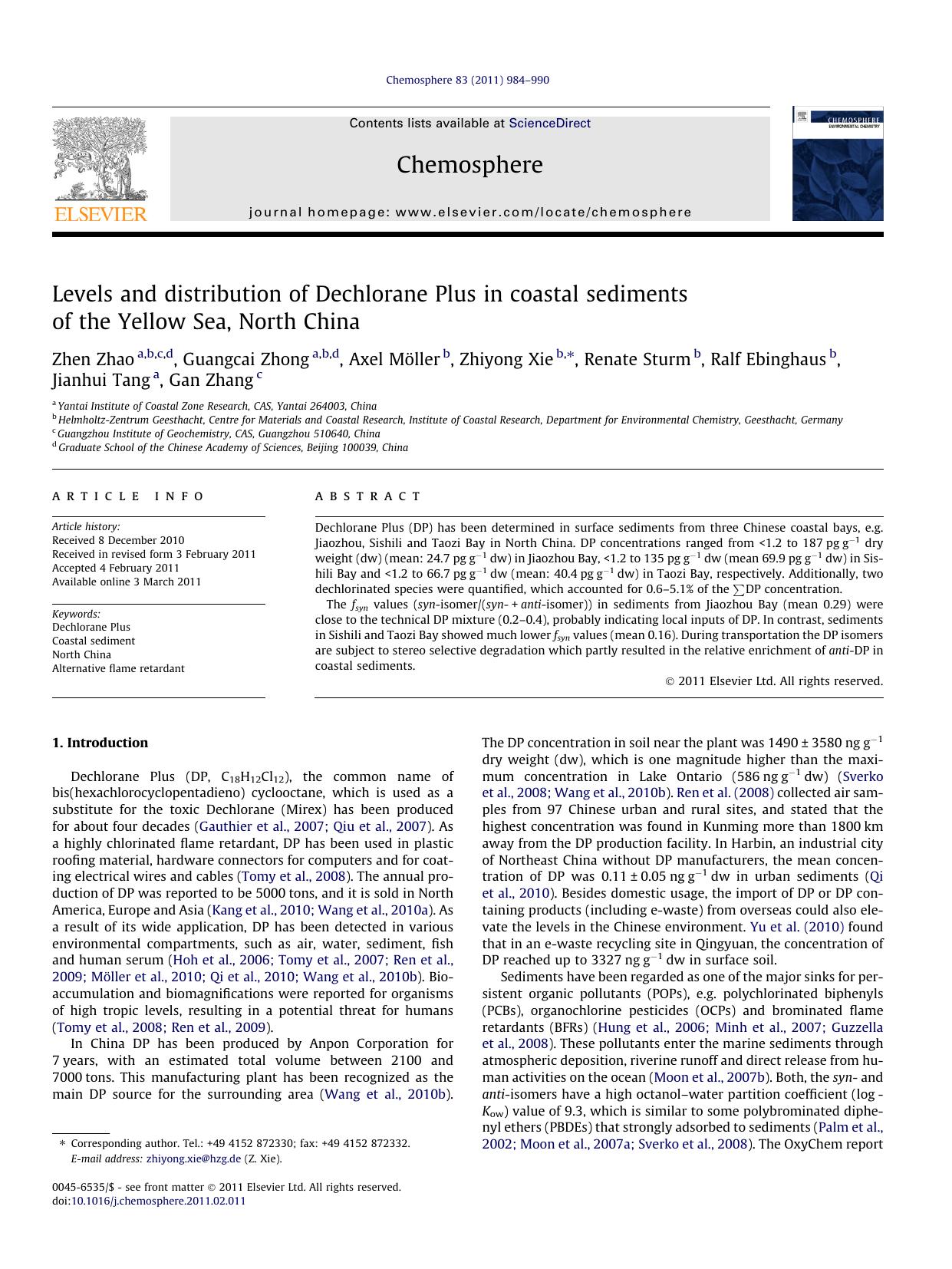 Levels and distribution of Dechlorane Plus in coastal sediments of the Yellow Sea, North China by unknow