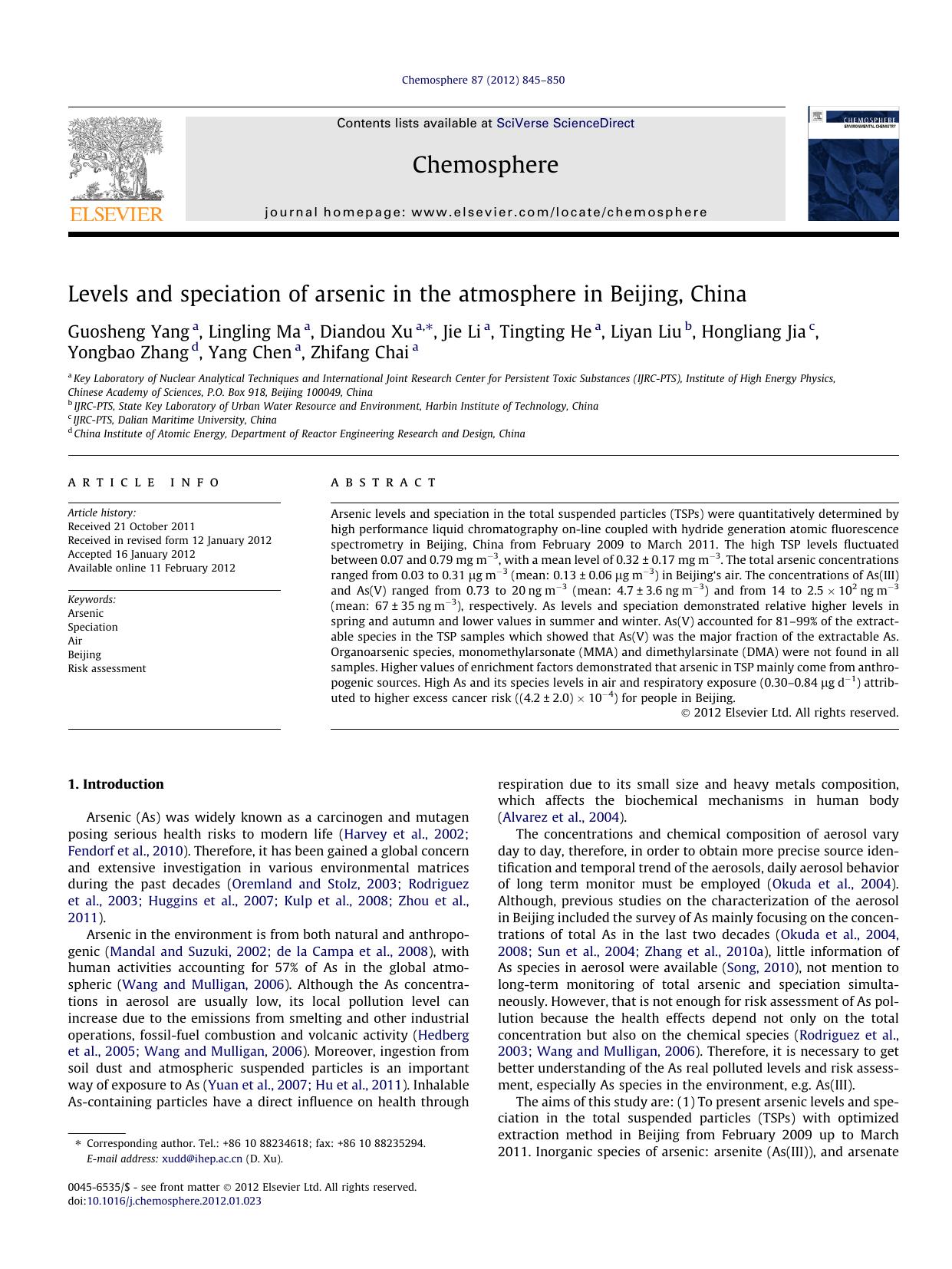 Levels and speciation of arsenic in the atmosphere in Beijing, China by unknow