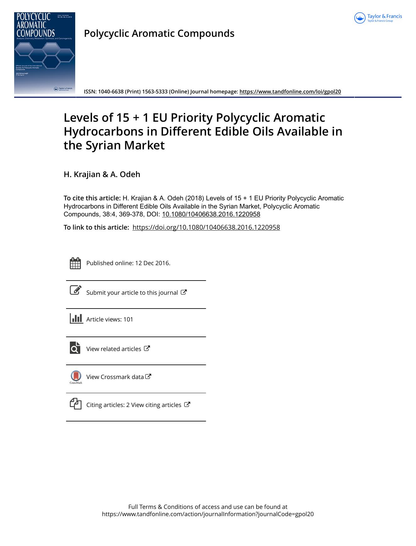 Levels of 15 + 1 EU Priority Polycyclic Aromatic Hydrocarbons in Different Edible Oils Available in the Syrian Market by H. Krajian & A. Odeh