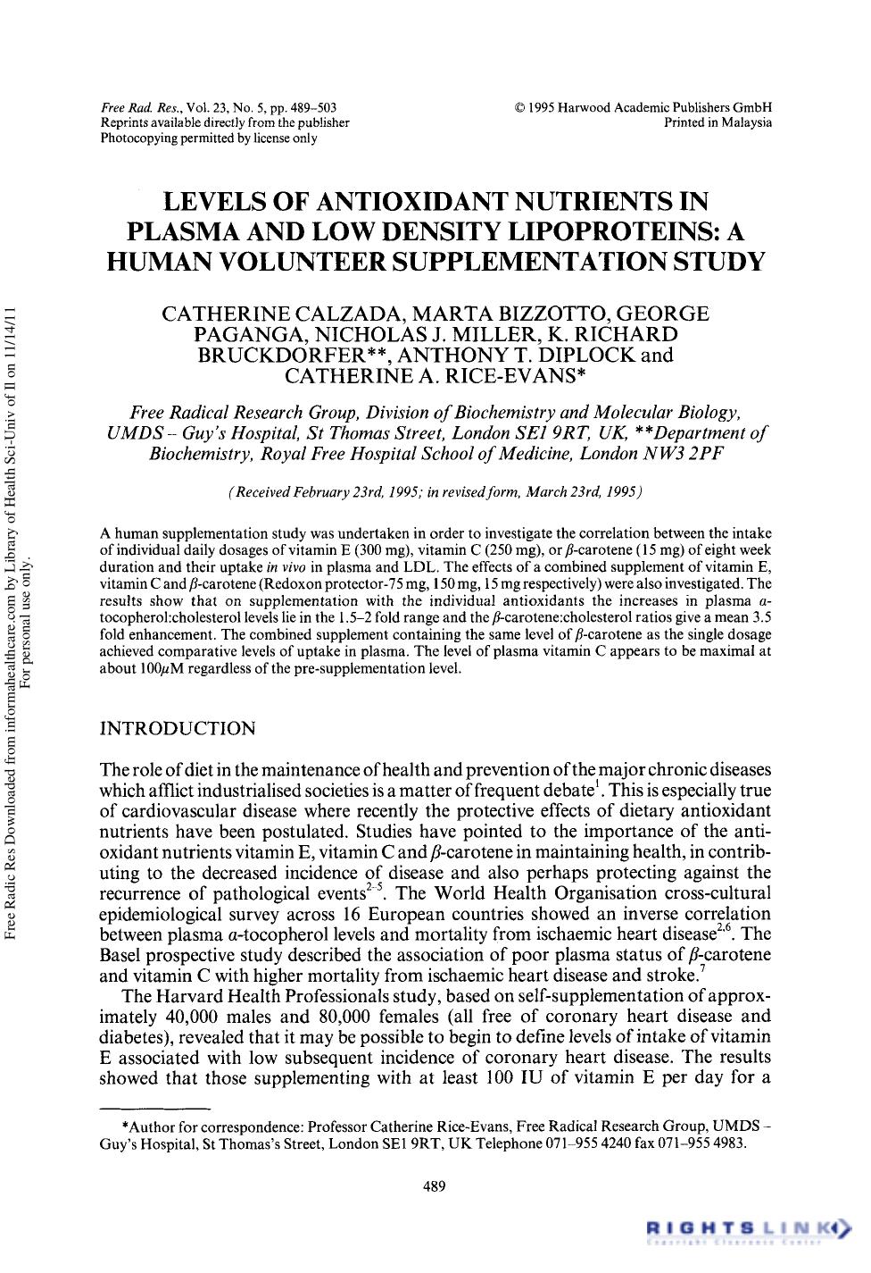 Levels of Antioxidant Nutrients in Plasma and Low Density Lipoproteins: A Human Volunteer Supplementation Study by unknow