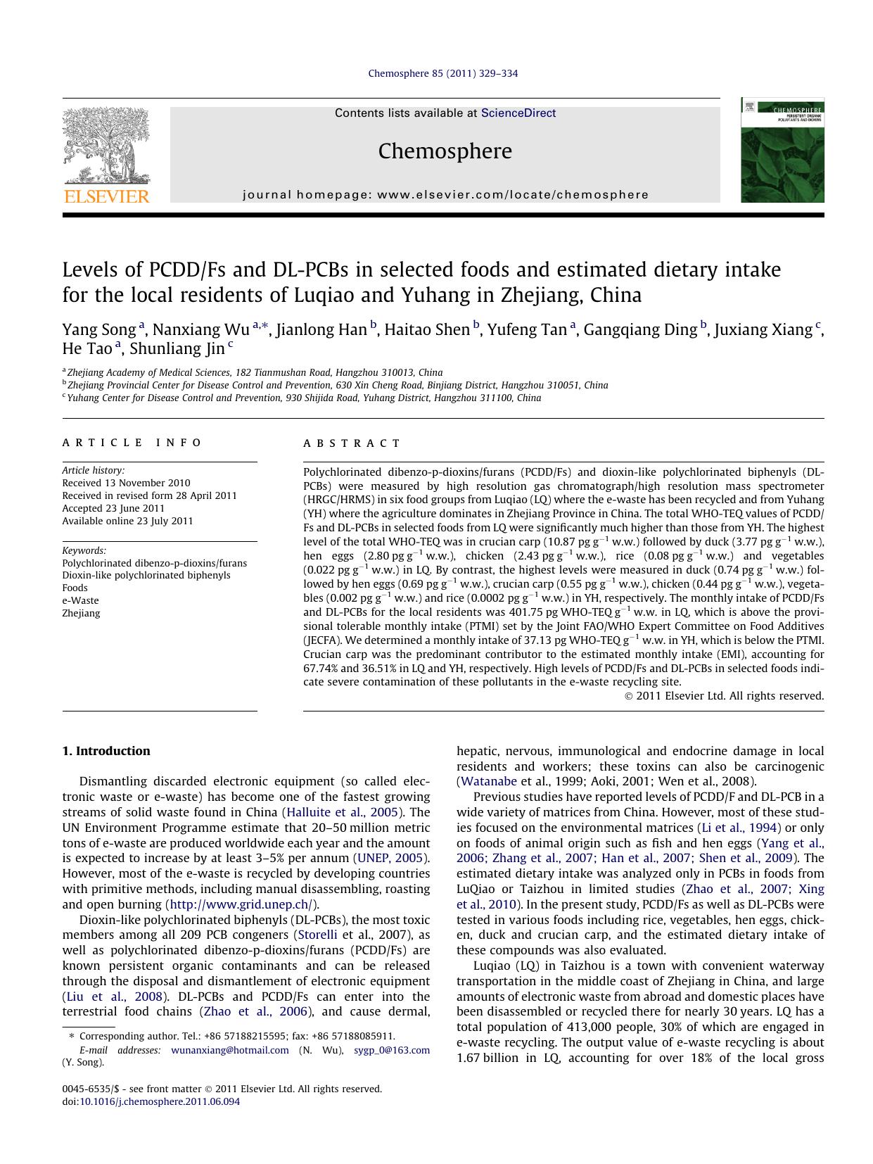 Levels of PCDDFs and DL-PCBs in selected foods and estimated dietary intake for the local residents of Luqiao and Yuhang in Zhejiang, China by unknow