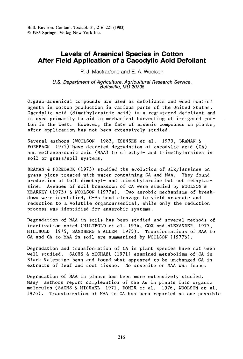 Levels of arsenical species in cotton after field application of a cacodylic acid defoliant by Unknown