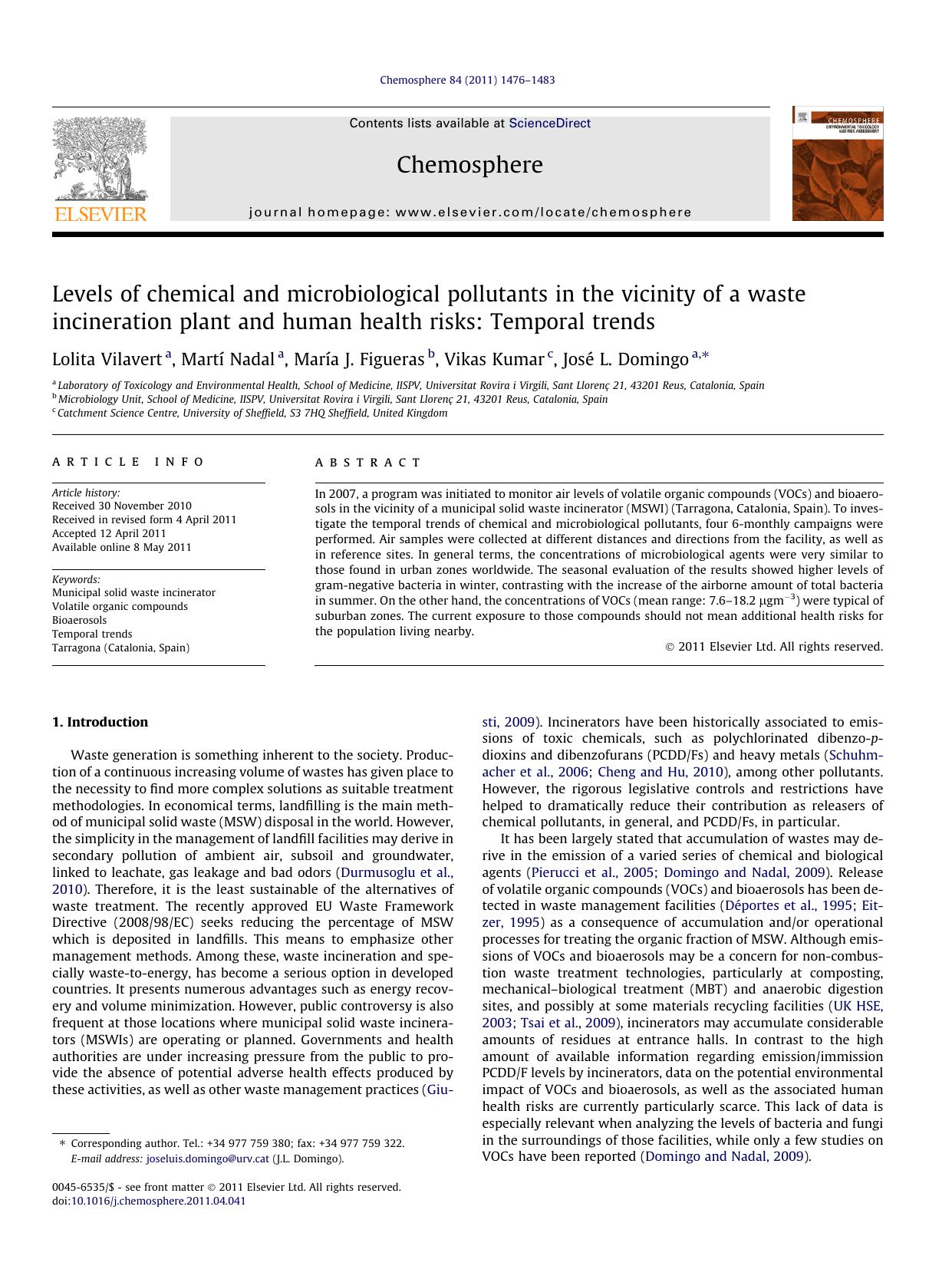 Levels of chemical and microbiological pollutants in the vicinity of a waste incineration plant and human health risks: Temporal trends by Lolita Vilavert & Martí Nadal & María J. Figueras & Vikas Kumar & José L. Domingo