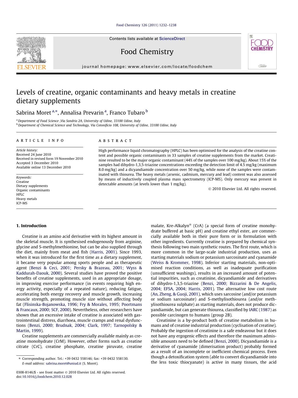 Levels of creatine, organic contaminants and heavy metals in creatine dietary supplements by Sabrina Moret & Annalisa Prevarin & Franco Tubaro