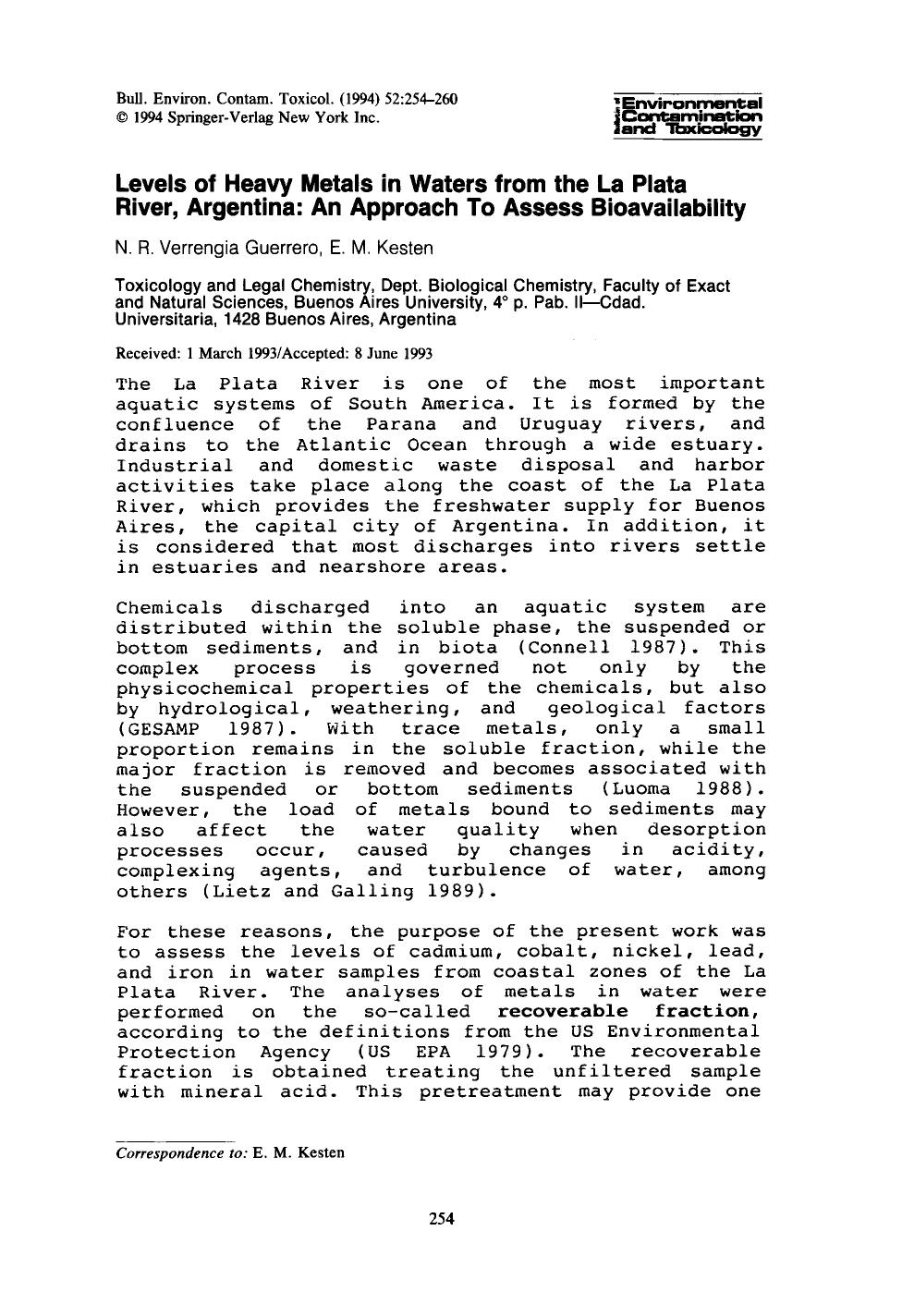 Levels of heavy metals in waters from the La Plata River, Argentina: An approach to assess bioavailability by Unknown