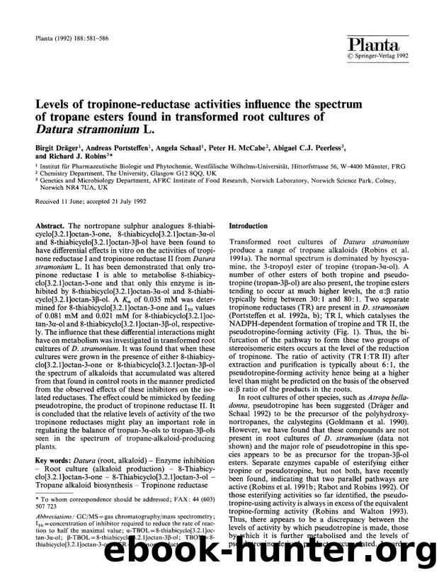Levels of tropinone-reductase activities influence the spectrum of tropane esters found in transformed root cultures of <Emphasis Type="Italic">Datura stramonium<Emphasis> L. by Unknown