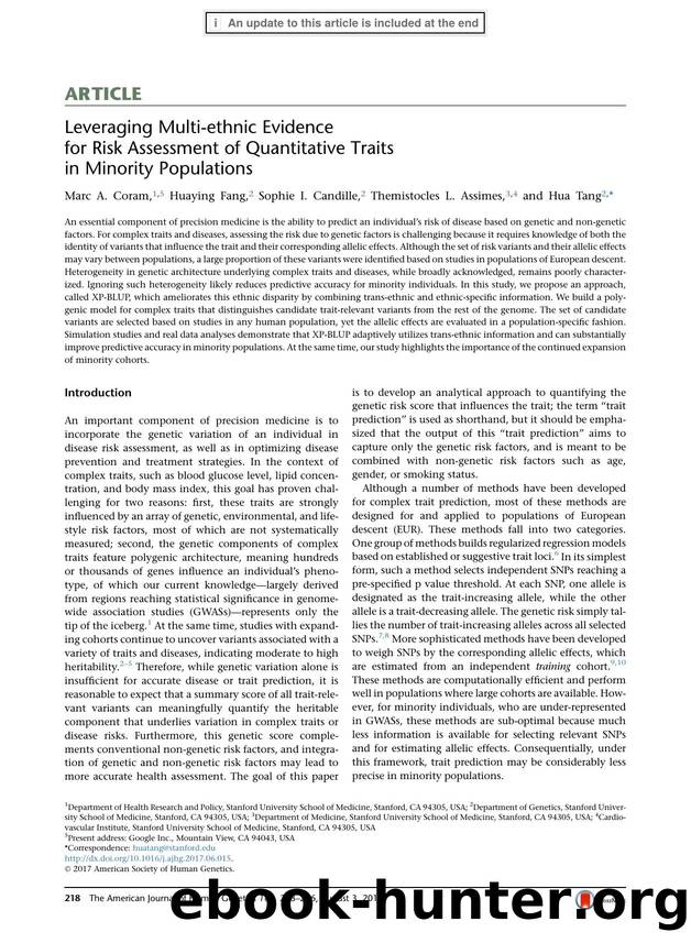 Leveraging Multi-ethnic Evidence for Risk Assessment of Quantitative Traits in Minority Populations by Marc A. Coram & Huaying Fang & Sophie I. Candille & Themistocles L. Assimes & Hua Tang