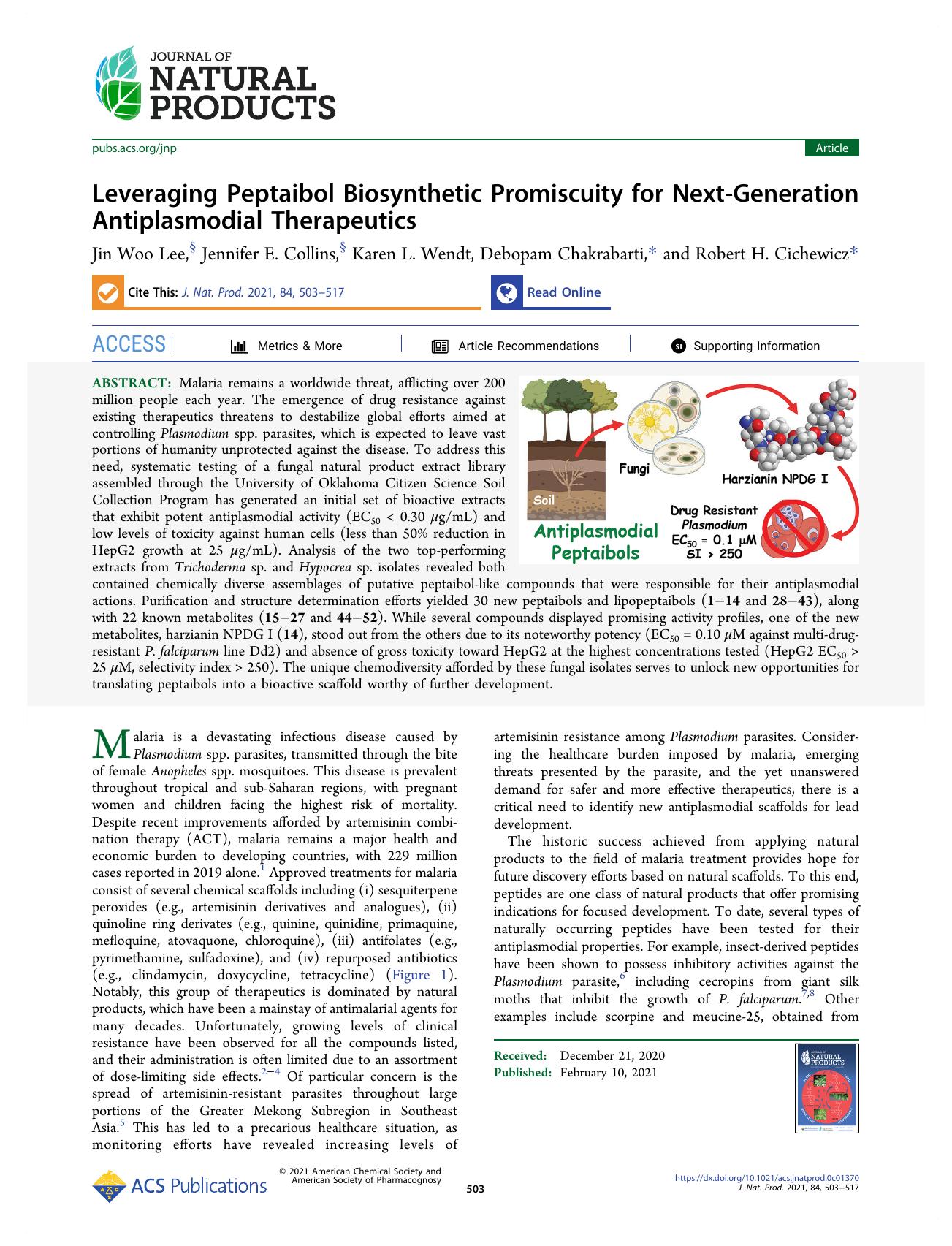 Leveraging Peptaibol Biosynthetic Promiscuity for Next-Generation Antiplasmodial Therapeutics by Jin Woo Lee Jennifer E. Collins Karen L. Wendt Debopam Chakrabarti and Robert H. Cichewicz