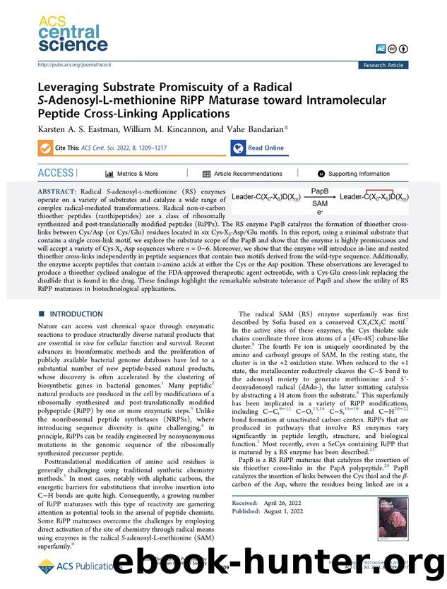 Leveraging Substrate Promiscuity of a Radical SâAdenosylâLâmethionine RiPP Maturase toward Intramolecular Peptide Cross-Linking Applications by unknow