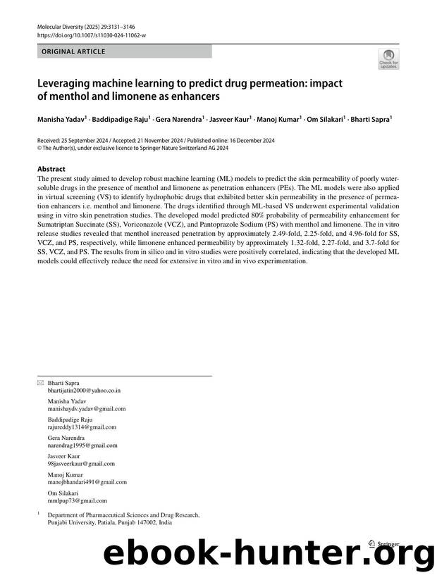 Leveraging machine learning to predict drug permeation: impact of menthol and limonene as enhancers by unknow