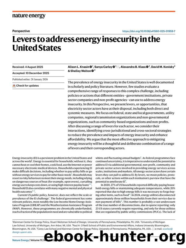 Levers to address energy insecurity in the United States by Alison L. Knasin & Sanya Carley & Alexandra B. Klass & David M. Konisky & Shelley Welton