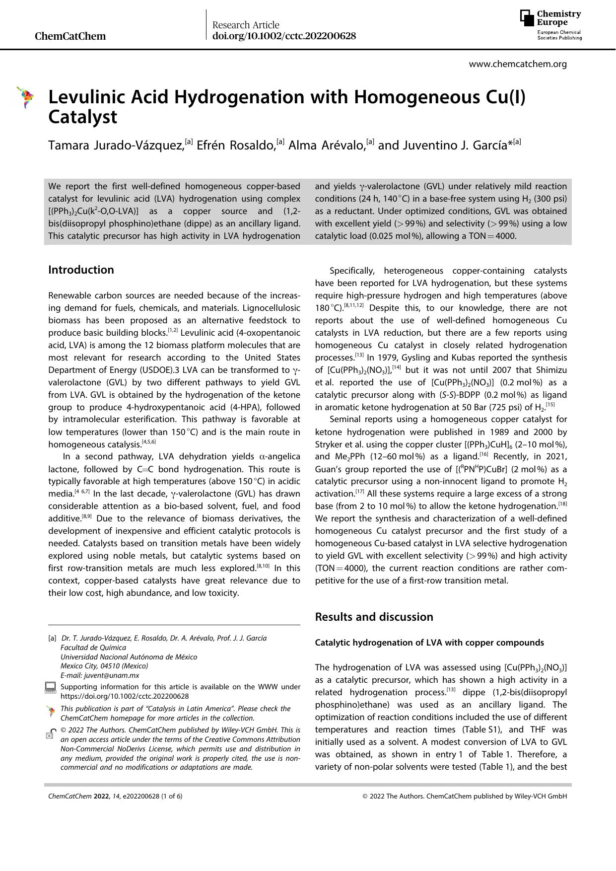 Levulinic Acid Hydrogenation with Homogeneous Cu(I) Catalyst by Unknown